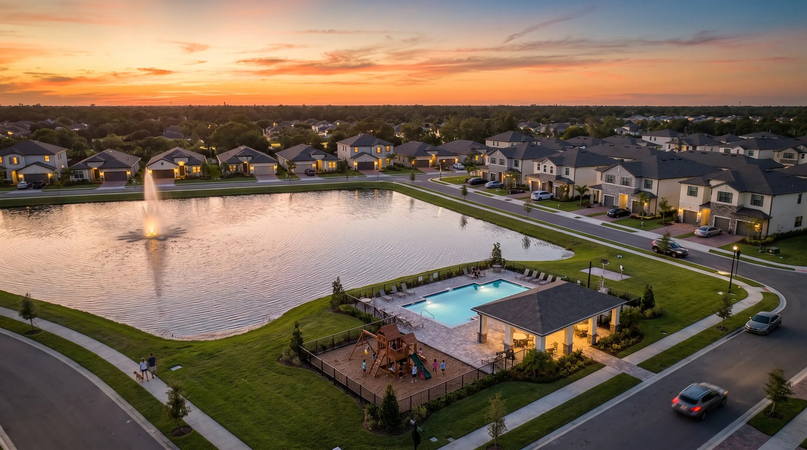Vista aérea de Davie Lake View al atardecer: el lago con su fuente, las casas unifamiliares frente al agua y las áreas comunes